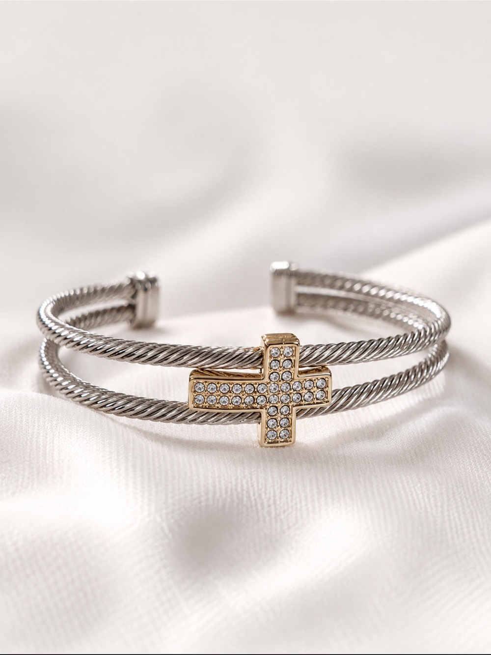 Silver-Tone Double Cable Cuff Bracelet with With Gold-tone Crystal Cross